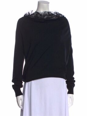 Adam Lippes Black Lace-Trim Cowl Neck Sweater
